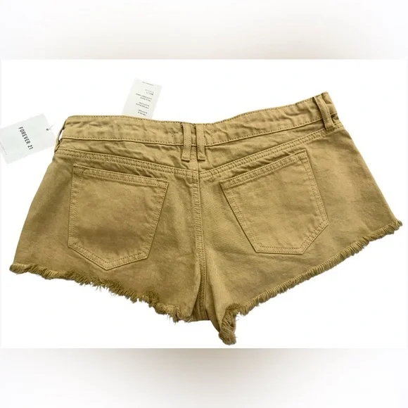 FOREVER 21 Frayed Khaki Tan Denim Cut Off Low Rise Shortie Shorts Women's Sz 28 - Picture 2 of 4